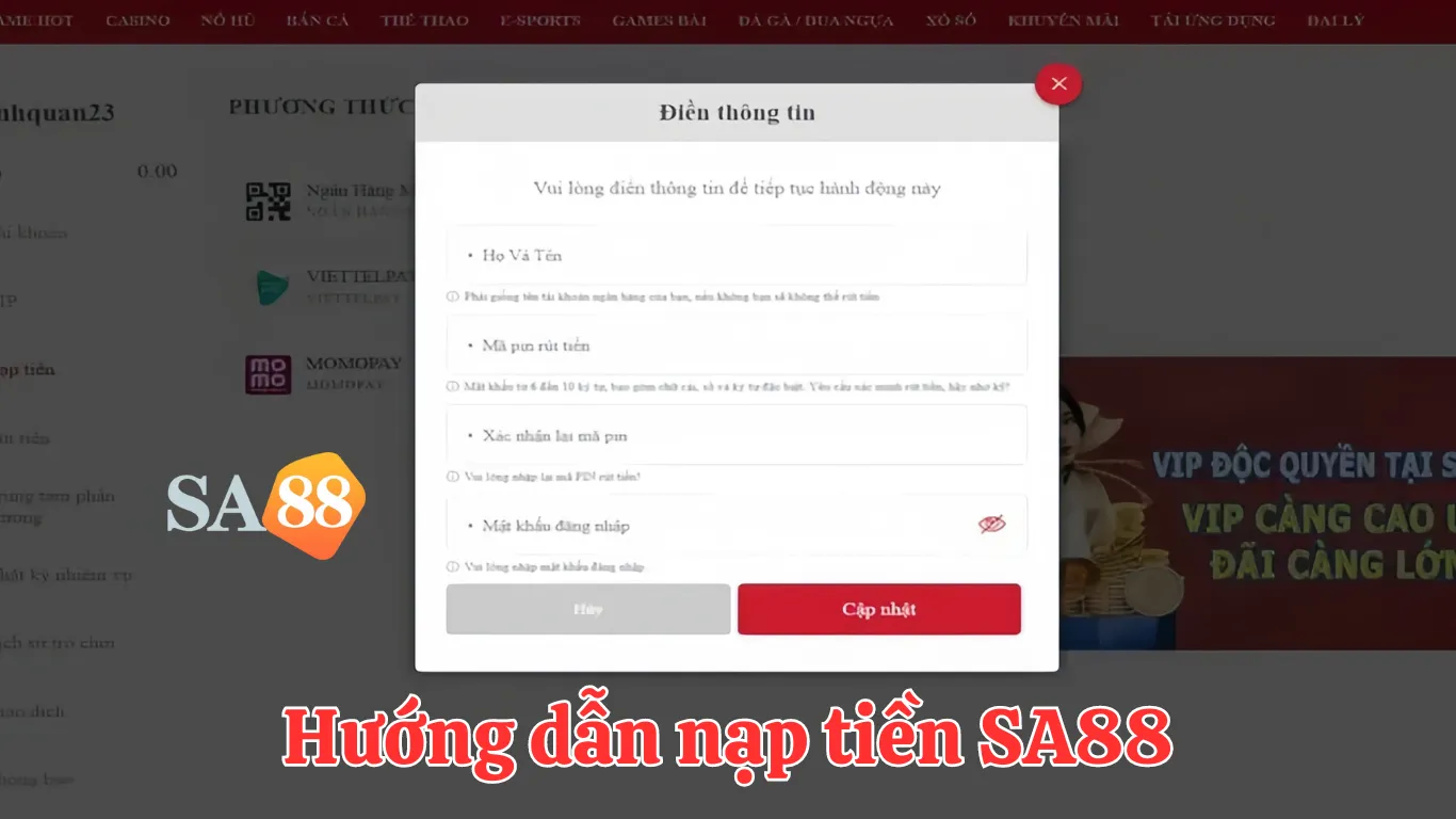 Hướng dẫn các bước nạp tiền SA88